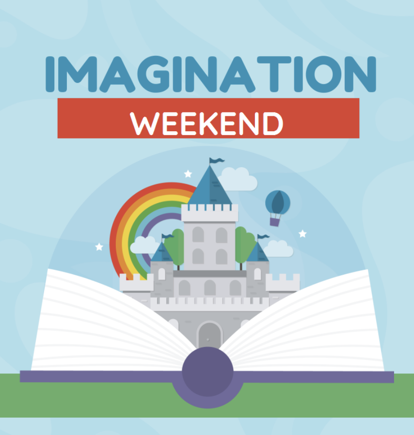 Imagination Weekend - a book opened up to castle, rainbow, hot air balloon